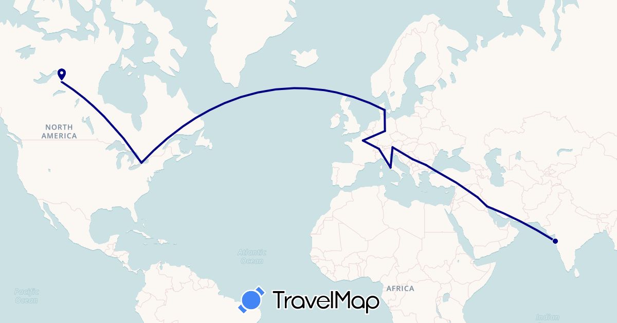 TravelMap itinerary: driving in Austria, Bulgaria, Canada, Switzerland, Germany, Denmark, France, India, Iraq, Italy, Serbia, Turkey, United States (Asia, Europe, North America)